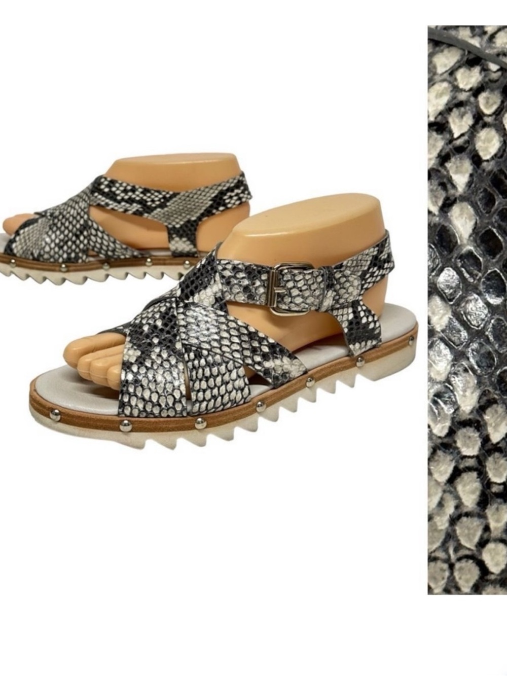 AGL Python Print Leather Pharoah Strappy Studded Sport Sandals Flats 37 6.5 7